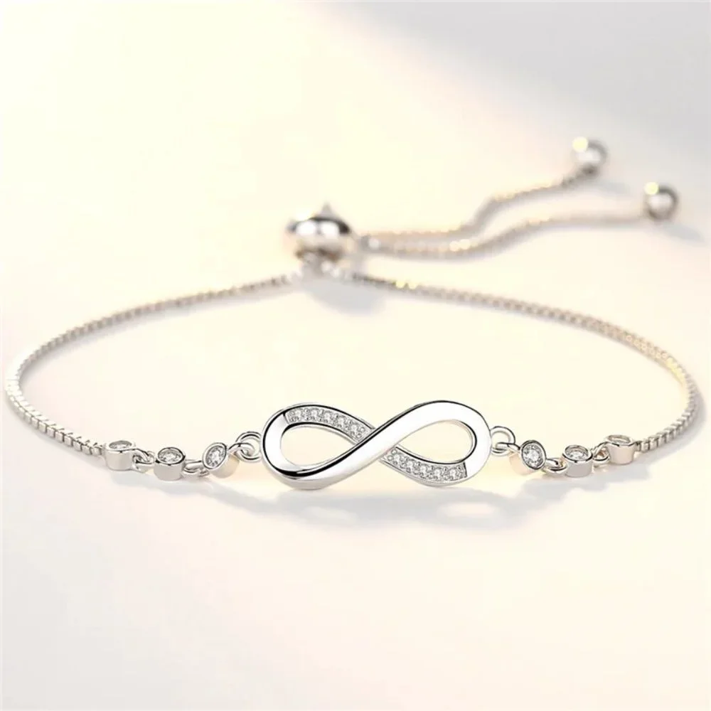 Gorgeous Infinity w/ Diamonds, 8.00 " Inch Long Bracelet .925 Sterling Silver - Picture 2 of 6